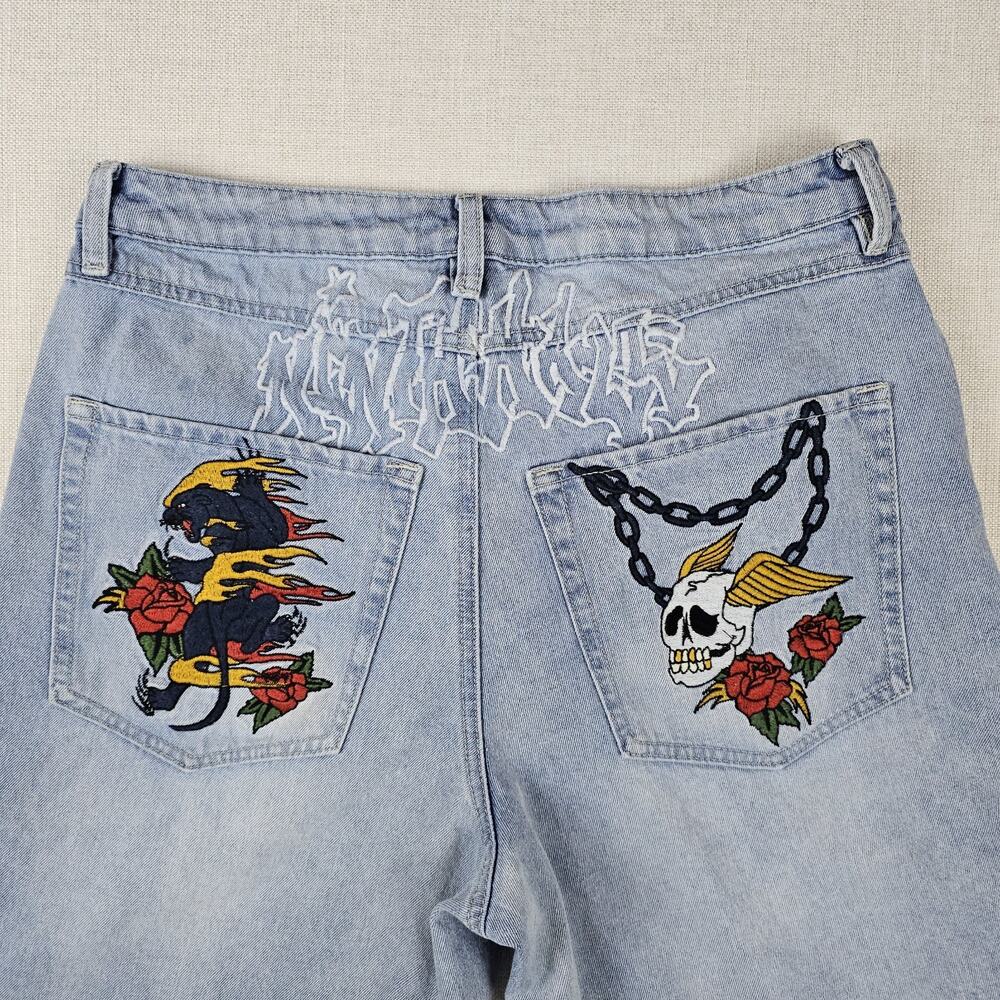 Ninth Hall Waylay Denim Shorts Men’s 32 Light Wash Embroidered Panther Skull Y2K - Picture 7 of 14